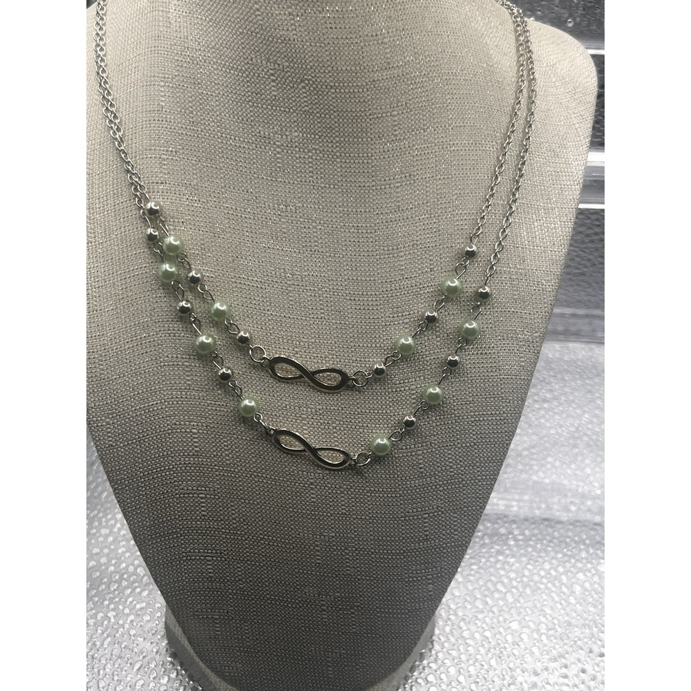 Fashion Necklace Faux Pearl and Silver And Light Green Bead Double Layer Earring